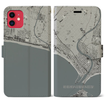 【湘南海岸公園（神奈川県）】地図柄iPhoneケース（手帳タイプ）モノトーン・iPhone 11 用
