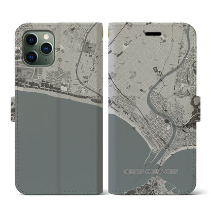 【湘南海岸公園（神奈川県）】地図柄iPhoneケース（手帳タイプ）モノトーン・iPhone 11 Pro 用