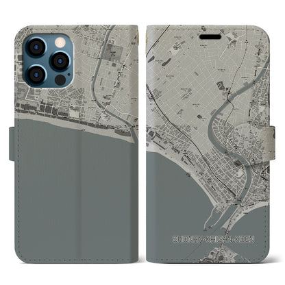 【湘南海岸公園（神奈川県）】地図柄iPhoneケース（手帳タイプ）モノトーン・iPhone 12 / 12 Pro 用