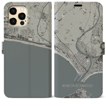 【湘南海岸公園（神奈川県）】地図柄iPhoneケース（手帳タイプ）モノトーン・iPhone 12 Pro Max 用