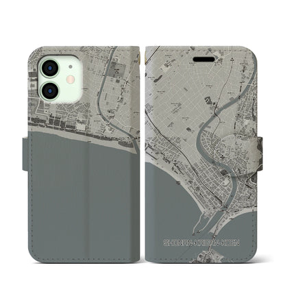 【湘南海岸公園（神奈川県）】地図柄iPhoneケース（手帳タイプ）モノトーン・iPhone 12 mini 用