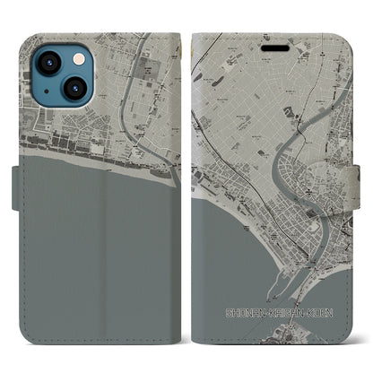 【湘南海岸公園（神奈川県）】地図柄iPhoneケース（手帳タイプ）モノトーン・iPhone 13 用