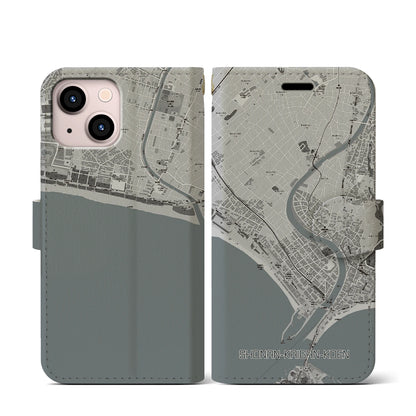 【湘南海岸公園（神奈川県）】地図柄iPhoneケース（手帳タイプ）モノトーン・iPhone 13 mini 用