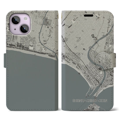 【湘南海岸公園（神奈川県）】地図柄iPhoneケース（手帳タイプ）モノトーン・iPhone 14 用