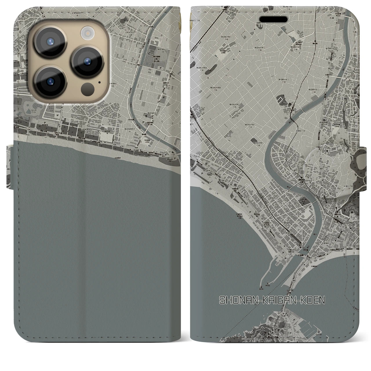 【湘南海岸公園】地図柄iPhoneケース（手帳両面タイプ・モノトーン）iPhone 14 Pro Max 用