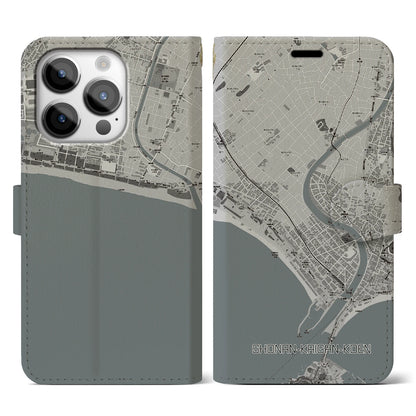 【湘南海岸公園（神奈川県）】地図柄iPhoneケース（手帳タイプ）モノトーン・iPhone 14 Pro 用