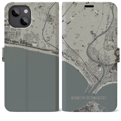 【湘南海岸公園（神奈川県）】地図柄iPhoneケース（手帳タイプ）モノトーン・iPhone 14 Plus 用