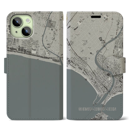 【湘南海岸公園（神奈川県）】地図柄iPhoneケース（手帳タイプ）モノトーン・iPhone 15 用