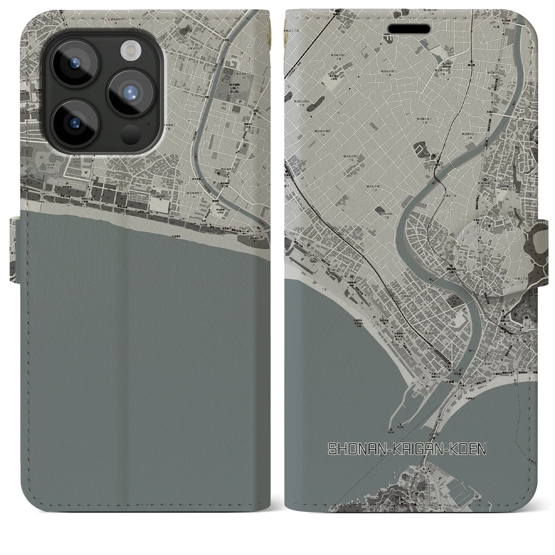 【湘南海岸公園】地図柄iPhoneケース（手帳両面タイプ・モノトーン）iPhone 15 Pro Max 用