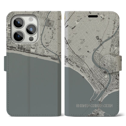 【湘南海岸公園（神奈川県）】地図柄iPhoneケース（手帳タイプ）モノトーン・iPhone 15 Pro 用