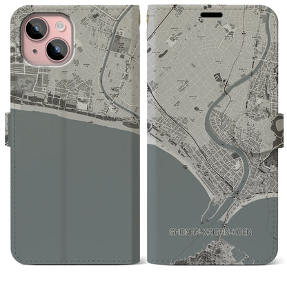 【湘南海岸公園（神奈川県）】地図柄iPhoneケース（手帳タイプ）モノトーン・iPhone 15 Plus 用