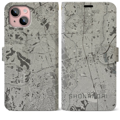 【湘南台（神奈川県）】地図柄iPhoneケース（手帳タイプ）モノトーン・iPhone 15 Plus 用