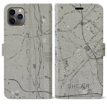 【昭和（山梨県）】地図柄iPhoneケース（手帳タイプ）モノトーン・iPhone 11 Pro Max 用