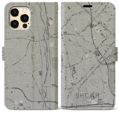 【昭和（山梨県）】地図柄iPhoneケース（手帳タイプ）モノトーン・iPhone 12 Pro Max 用