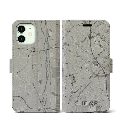 【昭和（山梨県）】地図柄iPhoneケース（手帳タイプ）モノトーン・iPhone 12 mini 用