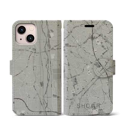 【昭和（山梨県）】地図柄iPhoneケース（手帳タイプ）モノトーン・iPhone 13 mini 用