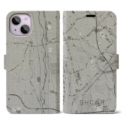 【昭和（山梨県）】地図柄iPhoneケース（手帳タイプ）モノトーン・iPhone 14 用