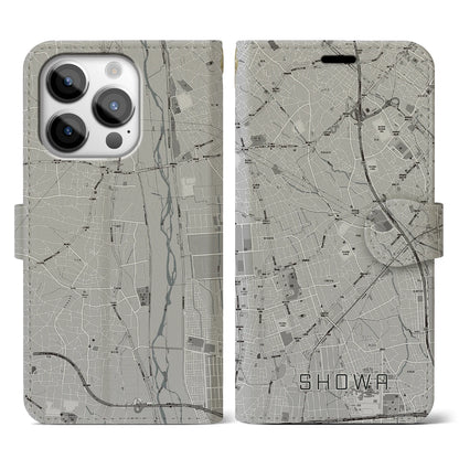 【昭和（山梨県）】地図柄iPhoneケース（手帳タイプ）モノトーン・iPhone 14 Pro 用