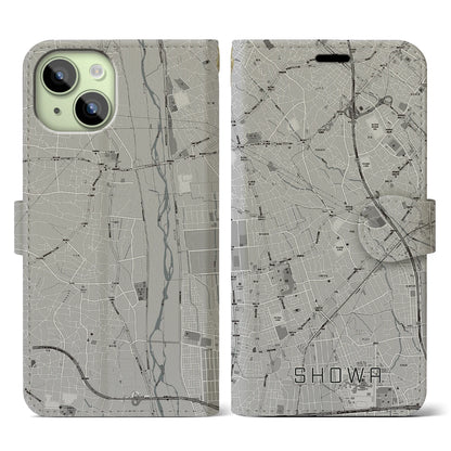 【昭和（山梨県）】地図柄iPhoneケース（手帳タイプ）モノトーン・iPhone 15 用