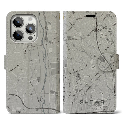 【昭和（山梨県）】地図柄iPhoneケース（手帳タイプ）モノトーン・iPhone 15 Pro 用