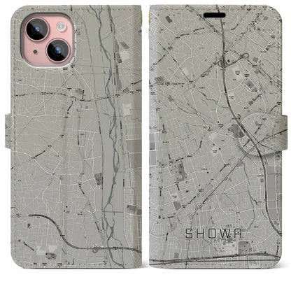 【昭和（山梨県）】地図柄iPhoneケース（手帳タイプ）モノトーン・iPhone 15 Plus 用