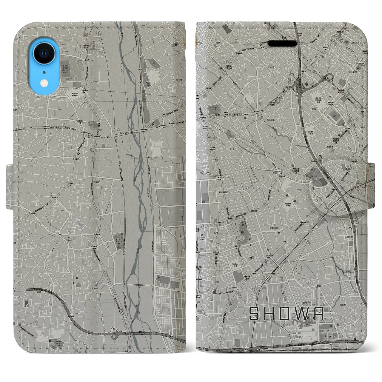 【昭和】地図柄iPhoneケース（手帳両面タイプ・モノトーン）iPhone XR 用