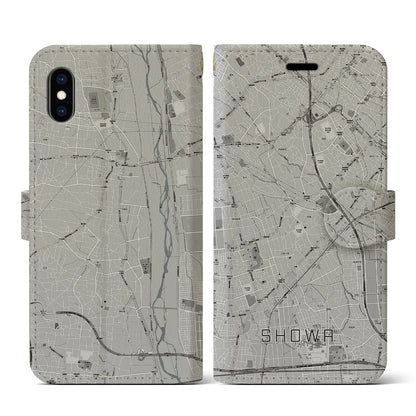 【昭和（山梨県）】地図柄iPhoneケース（手帳タイプ）モノトーン・iPhone XS / X 用