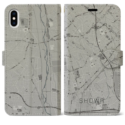 【昭和（山梨県）】地図柄iPhoneケース（手帳タイプ）モノトーン・iPhone XS Max 用