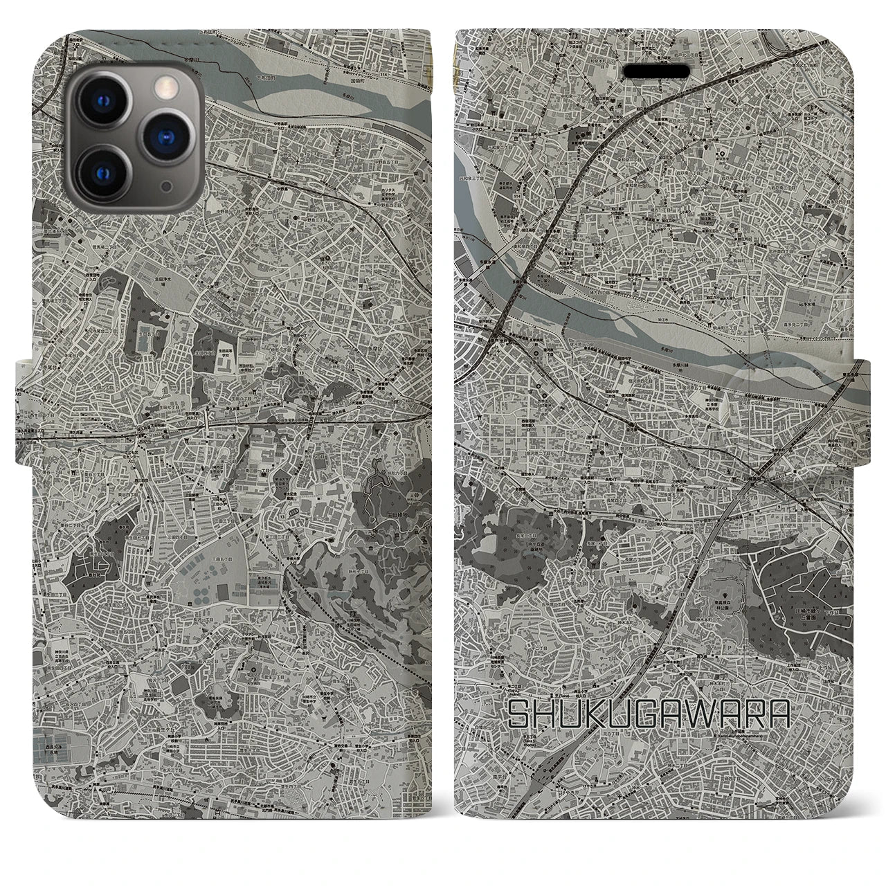 【宿河原】地図柄iPhoneケース（手帳両面タイプ・モノトーン）iPhone 11 Pro Max 用