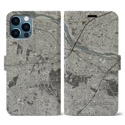 【宿河原（神奈川県）】地図柄iPhoneケース（手帳タイプ）モノトーン・iPhone 12 / 12 Pro 用