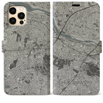 【宿河原（神奈川県）】地図柄iPhoneケース（手帳タイプ）モノトーン・iPhone 12 Pro Max 用