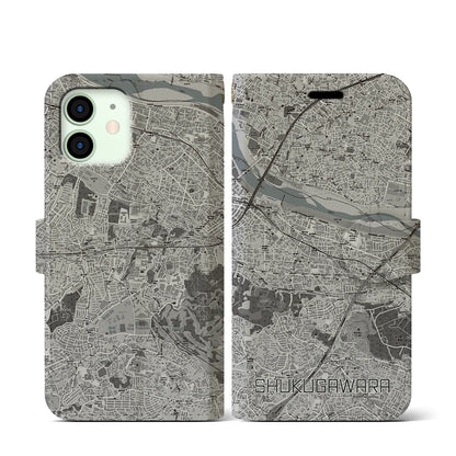 【宿河原（神奈川県）】地図柄iPhoneケース（手帳タイプ）モノトーン・iPhone 12 mini 用