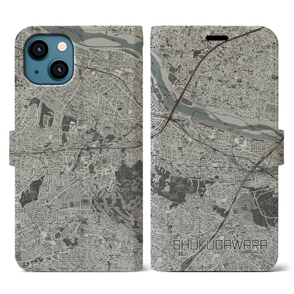 【宿河原（神奈川県）】地図柄iPhoneケース（手帳タイプ）モノトーン・iPhone 13 用