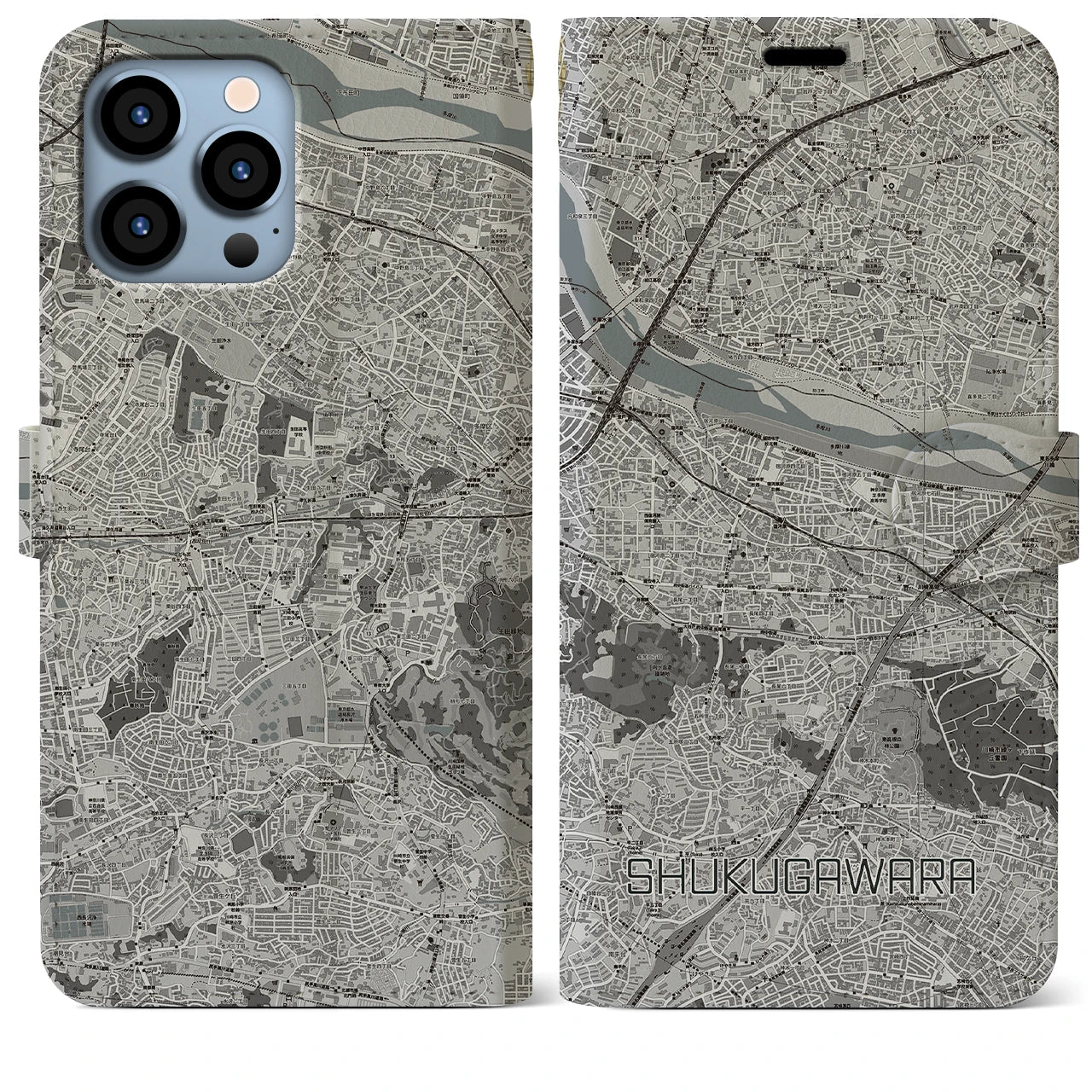 【宿河原】地図柄iPhoneケース（手帳両面タイプ・モノトーン）iPhone 13 Pro Max 用