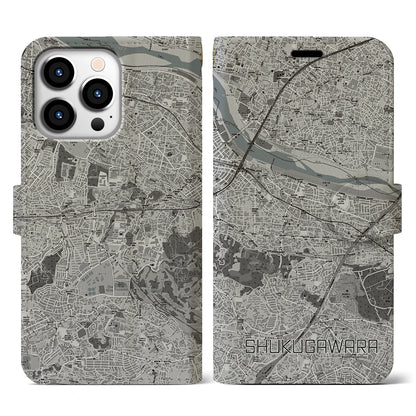 【宿河原（神奈川県）】地図柄iPhoneケース（手帳タイプ）モノトーン・iPhone 13 Pro 用