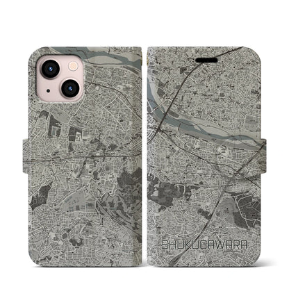 【宿河原（神奈川県）】地図柄iPhoneケース（手帳タイプ）モノトーン・iPhone 13 mini 用