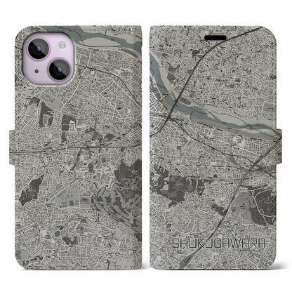 【宿河原（神奈川県）】地図柄iPhoneケース（手帳タイプ）モノトーン・iPhone 14 用