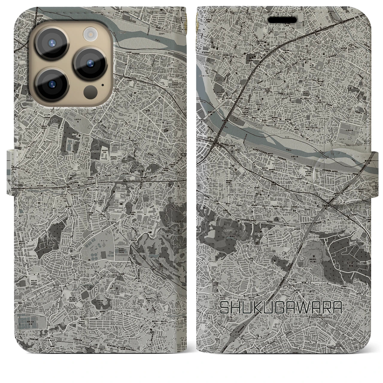 【宿河原】地図柄iPhoneケース（手帳両面タイプ・モノトーン）iPhone 14 Pro Max 用