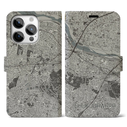 【宿河原（神奈川県）】地図柄iPhoneケース（手帳タイプ）モノトーン・iPhone 14 Pro 用