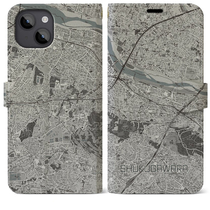 【宿河原（神奈川県）】地図柄iPhoneケース（手帳タイプ）モノトーン・iPhone 14 Plus 用