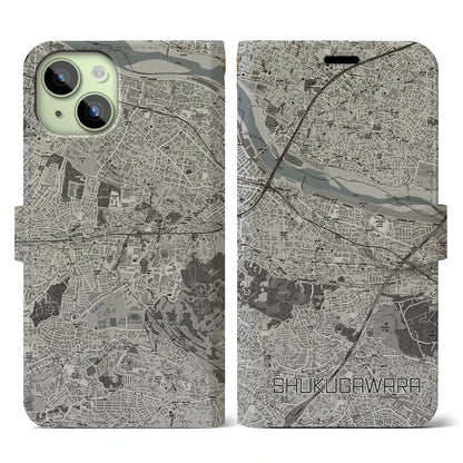 【宿河原（神奈川県）】地図柄iPhoneケース（手帳タイプ）モノトーン・iPhone 15 用