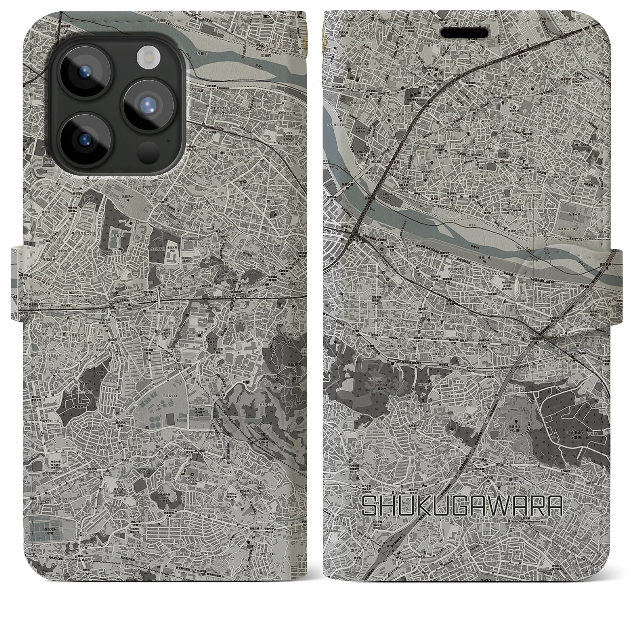 【宿河原】地図柄iPhoneケース（手帳両面タイプ・モノトーン）iPhone 15 Pro Max 用