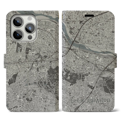 【宿河原（神奈川県）】地図柄iPhoneケース（手帳タイプ）モノトーン・iPhone 15 Pro 用