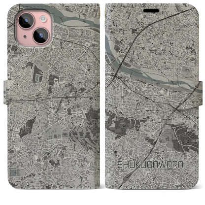 【宿河原（神奈川県）】地図柄iPhoneケース（手帳タイプ）モノトーン・iPhone 15 Plus 用