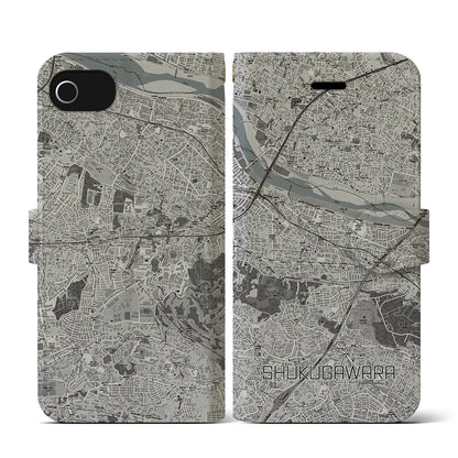 【宿河原（神奈川県）】地図柄iPhoneケース（手帳タイプ）モノトーン・iPhone SE（第3 / 第2世代） / 8 / 7 / 6s / 6 用