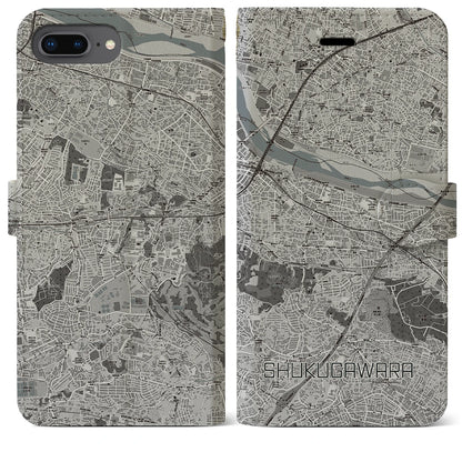 【宿河原（神奈川県）】地図柄iPhoneケース（手帳タイプ）モノトーン・iPhone 8Plus /7Plus / 6sPlus / 6Plus 用