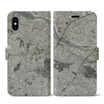 【宿河原（神奈川県）】地図柄iPhoneケース（手帳タイプ）モノトーン・iPhone XS / X 用