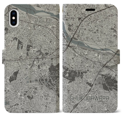 【宿河原（神奈川県）】地図柄iPhoneケース（手帳タイプ）モノトーン・iPhone XS Max 用