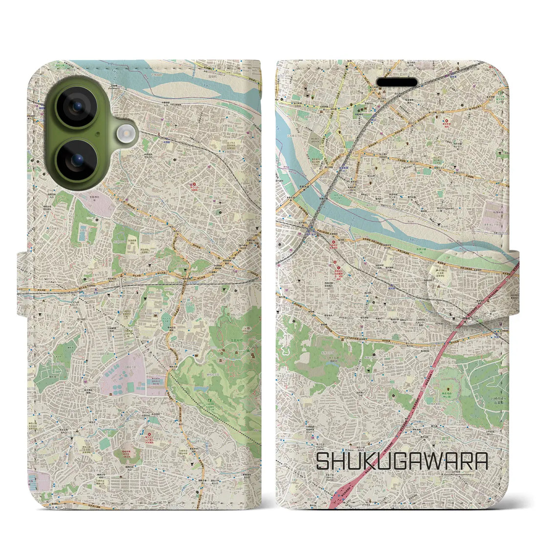 【宿河原（神奈川県）】地図柄iPhoneケース（手帳タイプ）ナチュラル・iPhone 17 Pro Max 用