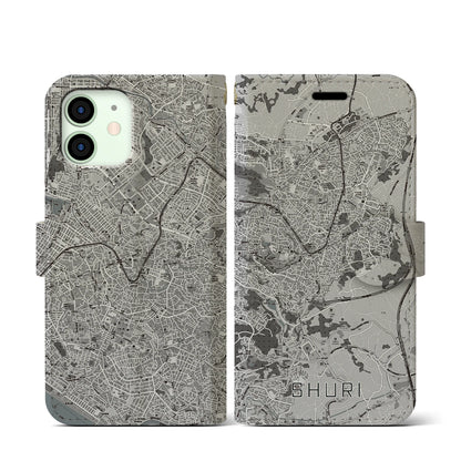 【首里（沖縄県）】地図柄iPhoneケース（手帳タイプ）モノトーン・iPhone 12 mini 用